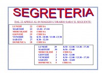 VARIAZIONE ORARIO SEGRETERIA DAL 22/04 AL 05/05/2019