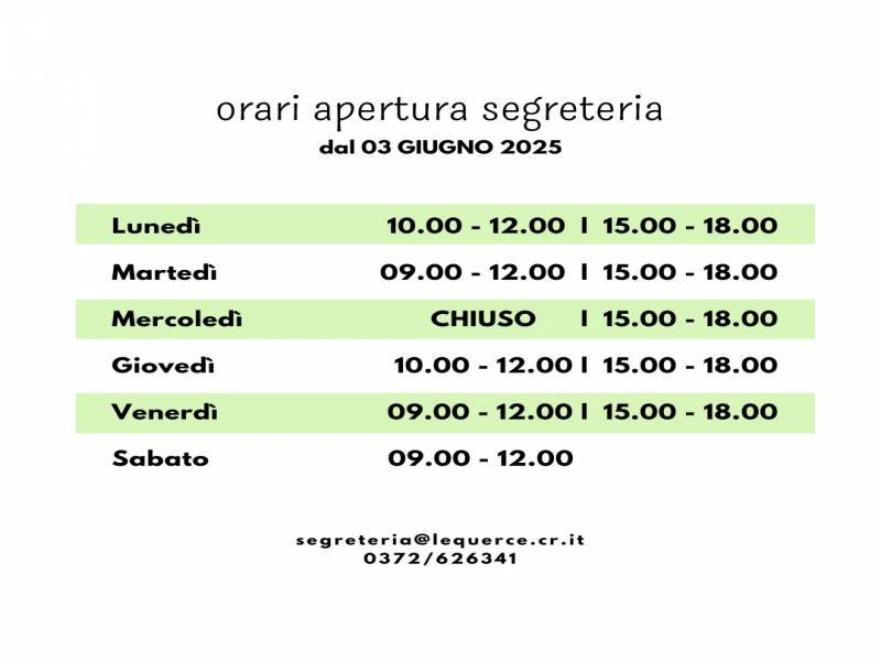 Orari apertura segreteria
