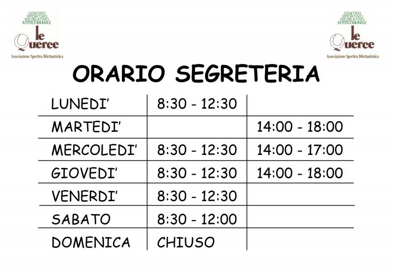ORARIO INVERNALE SEGRETERIA